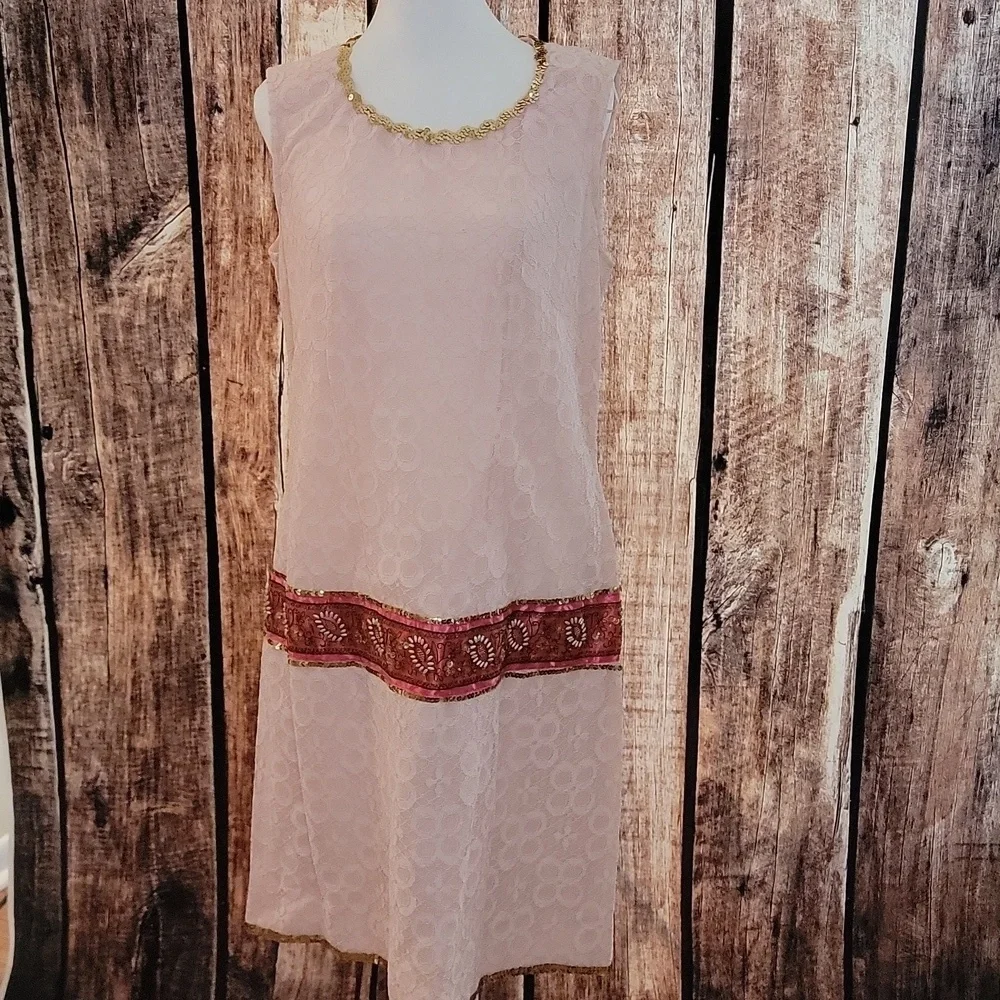 Vintage Pink Lace with Gold Sequin Maxi Dress Size 10